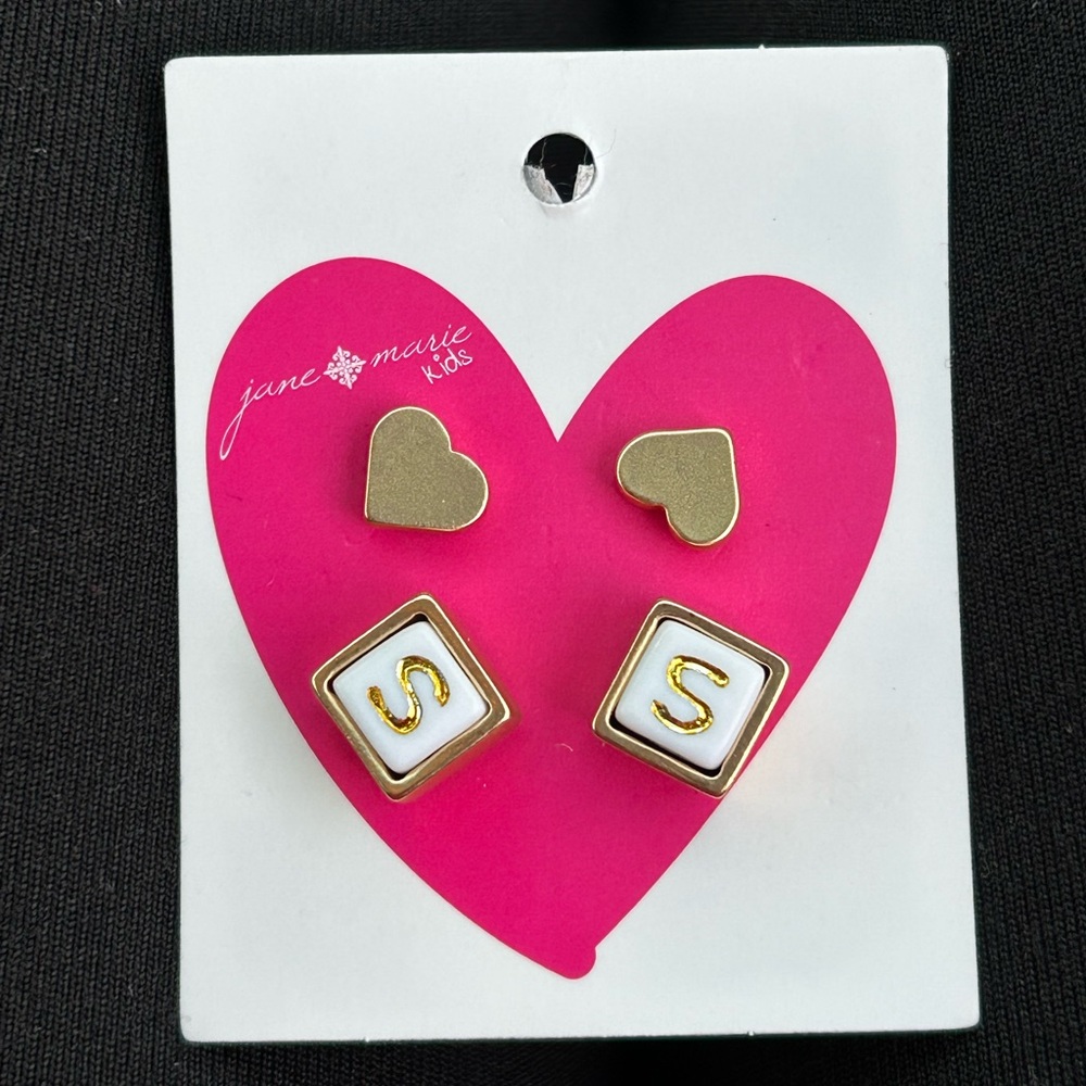 Jane Marie Set of 2 Kids Earrings Heart Shape and Letter S Girls Jewelry